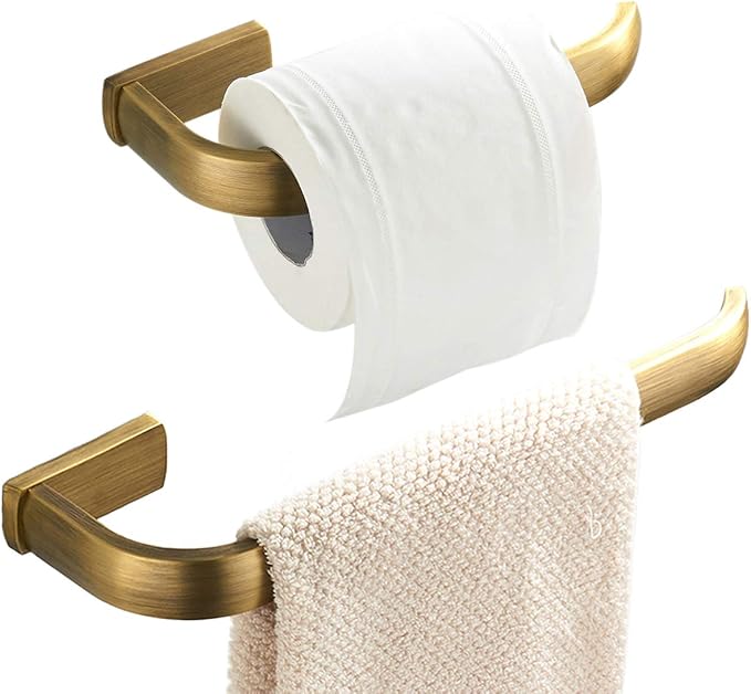 Flybath 2PC Set Toilet Paper Holder and Towel Holder Brushed Brass Antique | Rust-proof, Sturdy, Vintage Gold Hand Towel Ring Bar Rod Rack, Retro Loo Roll Holder Stand, Bathroom Accessories Wall Mount