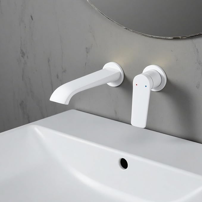BiaoTeng Concealed Wall Mounted Bathroom Faucet Single Handle Hot and Cold Brass Wall Mount Waterfall Bathroom Faucets White