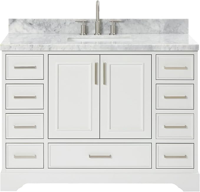 Langford 48-inch White Bathroom Vanity with Center Rectangle Single Sink, Italian Carrara Marble Countertop & Backsplash, Solid Wood Frame, Soft-Closing & Dovetail Drawers