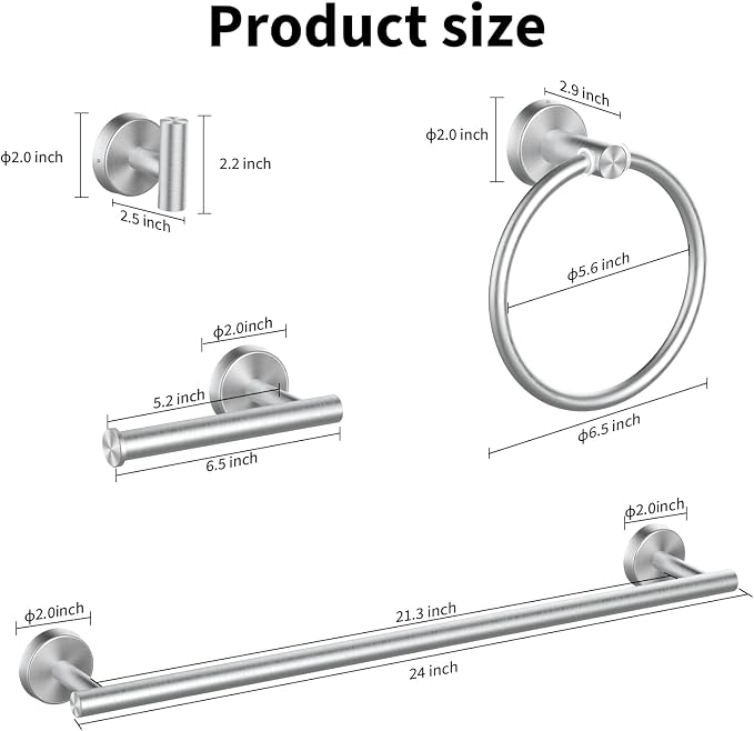 Cilee 10 Piece Brushed Nickel Bathroom Accessories Set 24inch Towel Bar Set | Brushed Nickel Towel Bar Ring + Toilet Paper Holder + Robe Towel Hook, Stainless Steel Bathroon Hardware Set