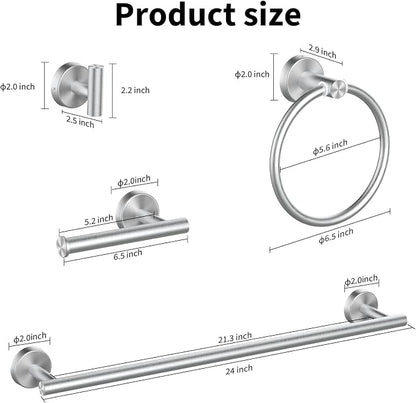 Cilee 10 Piece Brushed Nickel Bathroom Accessories Set 24inch Towel Bar Set | Brushed Nickel Towel Bar Ring + Toilet Paper Holder + Robe Towel Hook, Stainless Steel Bathroon Hardware Set
