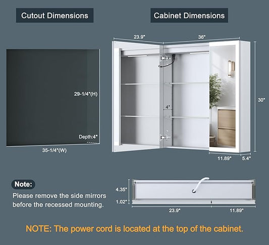 36x30 Inch Lighted Medicine Cabinet with Mirror, AL Alloy Frame, Plug-in or Hardwired, Recessed or Surface Mount, 3 Colors/Dimmable/Interior Sensor Light/Defog,2 Outlets & USBs,3 Shelves
