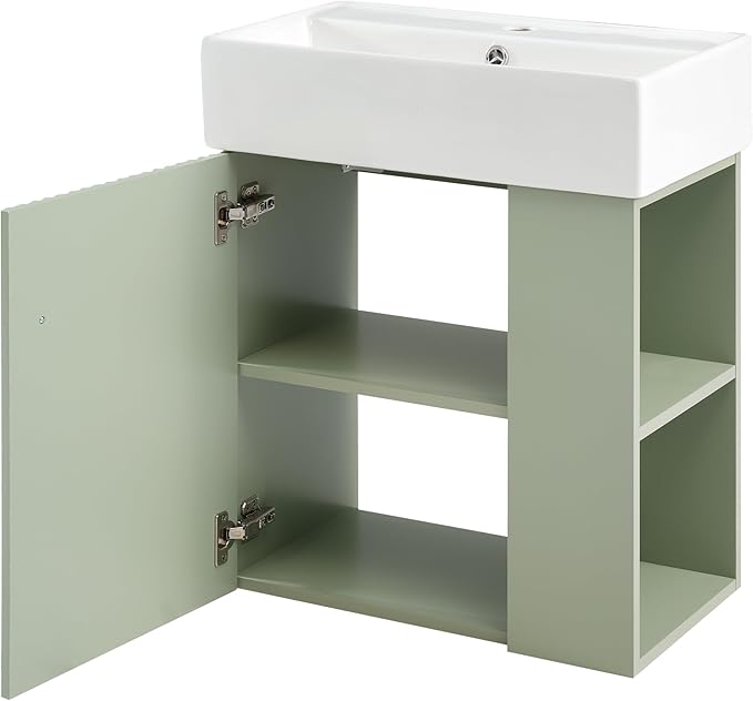 LUMISOL 21.6" Floating Bathroom Vanity with Sink, Wall Mounted Bathroom Vanity with Right Side Storage & Soft-Close Door, Small Bathroom Cabinet with Ceramic Sink, Green
