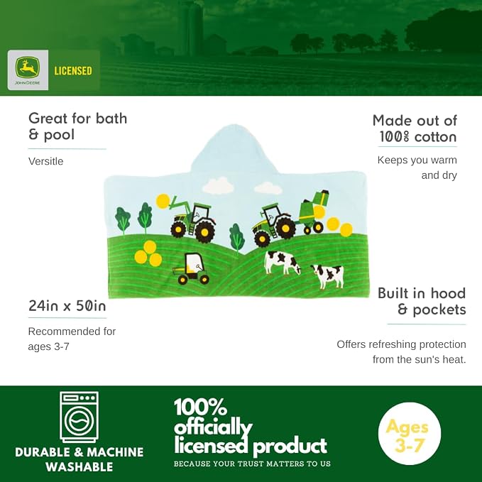 John Deere Tractor Farm Kids Super Soft Bath/Pool/Beach Soft Cotton Terry Hooded Towel Wrap, 24 in x 50 in, (Officially Licensed Product) by Franco