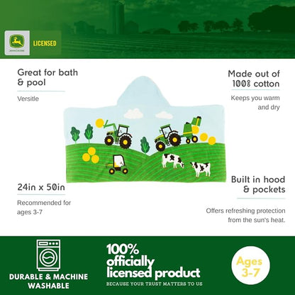 John Deere Tractor Farm Kids Super Soft Bath/Pool/Beach Soft Cotton Terry Hooded Towel Wrap, 24 in x 50 in, (Officially Licensed Product) by Franco