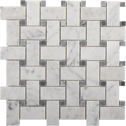 1×2 Inch Basketweave Carrara Marble Mosaic Tile for Kitchen Bathroom Floor | Water & Heat Resistant Polished Marble Backsplash Tiles for Wall Fireplace Surround Durable Unique Veins 2.8SQFT