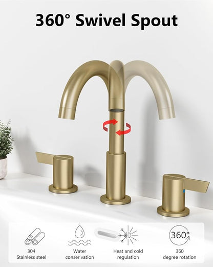 Brushed Gold Bathroom Faucet 3 Hole, 8 Inch Widespread 2-Handle | SUS304 Stainless Steel, 2-Handle Control, Pop-Up Drain, Supply Lines and Mounting Hardware for 8-Inch Widespread Vanity Sinks