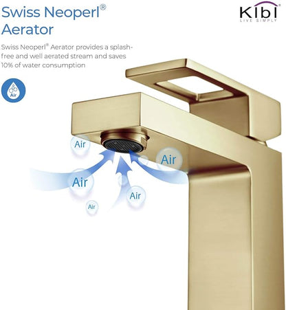 Solid Brass Single Handle Bathroom Sink Faucet with Pop-Up Drain, High Arc Cubic Spout Lavatory Faucet in Brushed Gold | Corrosion-Resistant, Modern Design (Brushed Gold, KBF1002)