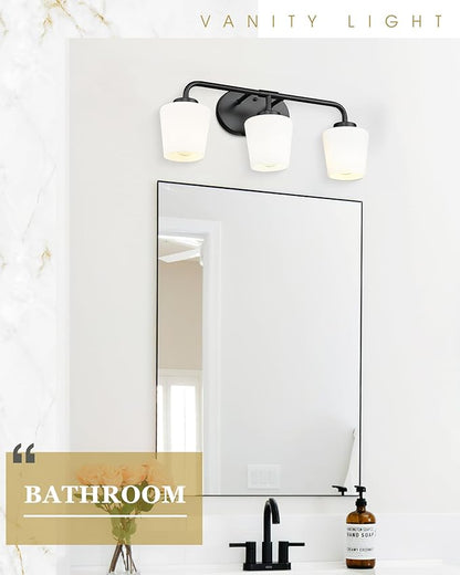 Bathroom Light Fixtures Over Mirror, 3-Light Matte Black Vanity Lighting Fixtures with Milk White Glass, Vintage Farmhouse Wall Sconces Lighting, AD-22004-3W-BK