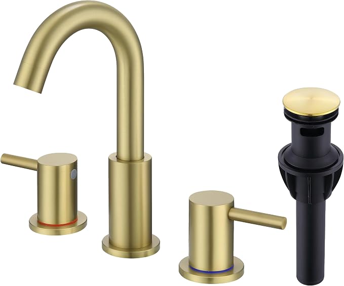 Brushed Gold Bathroom Faucet 3 Hole, 8 in Gold Widespread Bathroom Sink Faucet with Pop Up Drain and Supply Lines, Stainless Steel 2 Handle Gold Sink Faucet for Bathroom Vanity