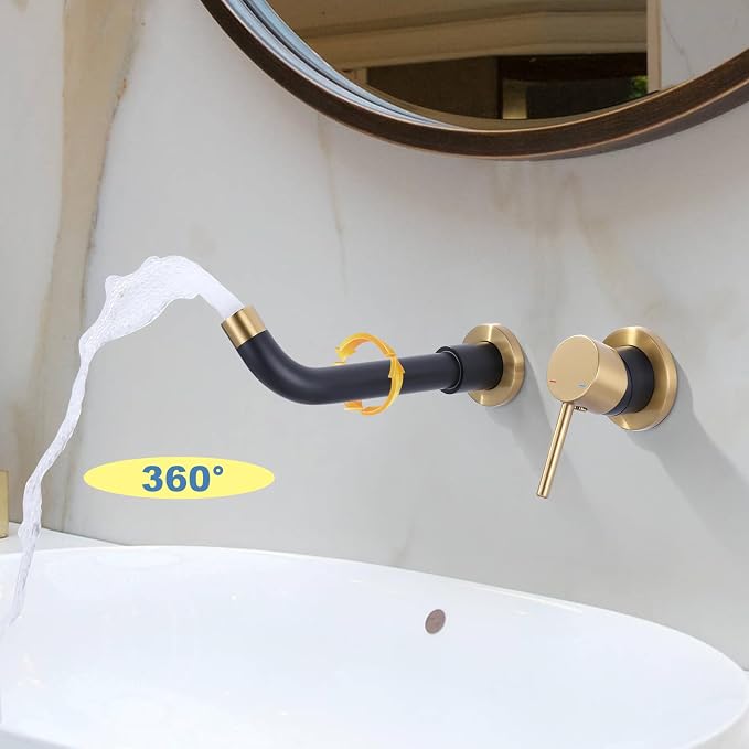 ARCORA Wall Mount Bathroom Faucet, Black and Gold Single Handle Bathroom Sink Faucet Wall Mounted, Rough-in Valve Included