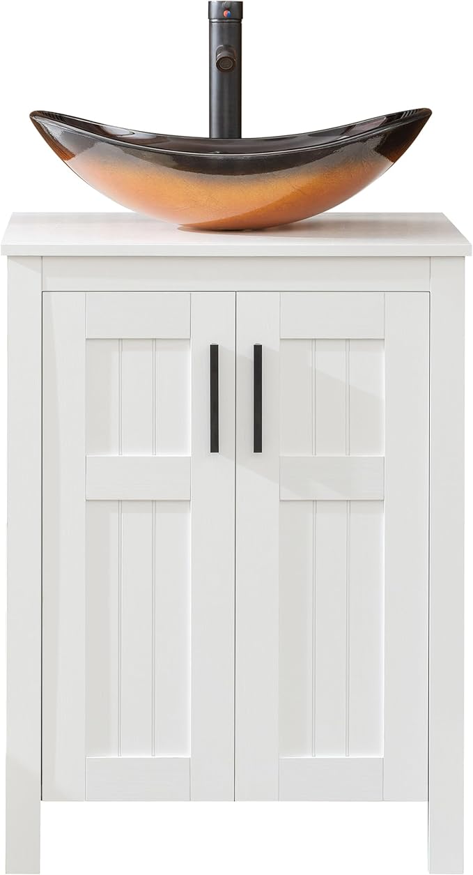 UEV White 24" Bathroom Vanity with Sink Combo,Modern Freestanding Sink Cabinet,Stylish Bathroom Vanity Cabinet,Grooved Double Doors,Metal Handles,Modern Brown Boat Tempered Glass Vessel Sink (029BR)