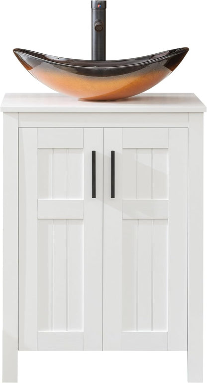 UEV White 24" Bathroom Vanity with Sink Combo,Modern Freestanding Sink Cabinet,Stylish Bathroom Vanity Cabinet,Grooved Double Doors,Metal Handles,Modern Brown Boat Tempered Glass Vessel Sink (029BR)