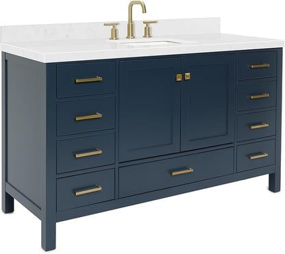 ARIEL Cambridge 60-inch Bathroom Vanity with Sink,Solid Wood, 1.5-inch Carrara White Quartz Countertop, Single Rectangular Porcelain Sink, 2 Soft Closing Doors, 9 Dovetail Drawers, Midnight Blue