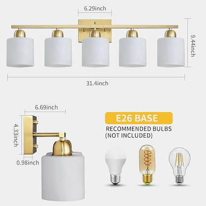 Bath Vanity Lights for Mirror, Restroom Lights Fixtures with Milky White Frosted Glass Shades,Bathroom Over Sink Light Fixtures, Bathroom Light Fixtures Over Mirror (Gold, 5-Light)