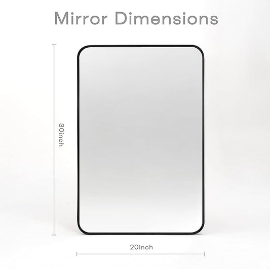 Wall Mount Mirror for Bathroom, Brush Black Metal Framed Rounded Corner Rectangular Vanity Mirror (20" x 30", Black)