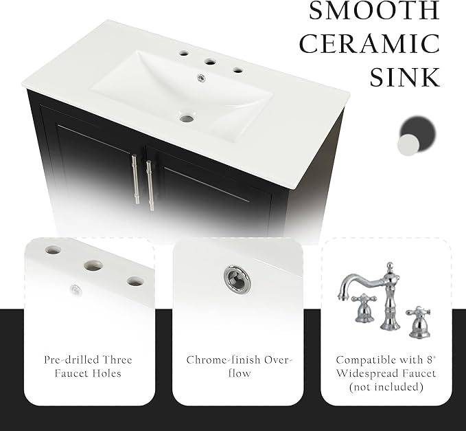 LUMISOL 36 Inch Bathroom Vanity with Ceramic Sink, Modern Black Bathroom Sink Cabinet with 2 Drawers, Storage Racks & Open Shelf, Solid Wood Bathroom Vanity with Sink Combo, Black