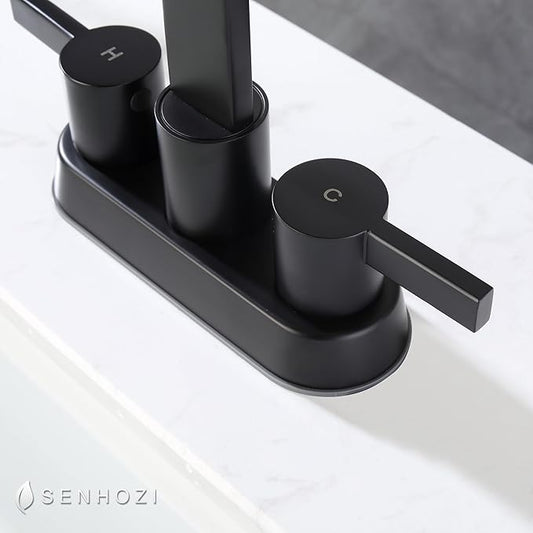 Matte Black Bathroom Faucets for Sink 3 Hole, 4 Inch Centerset Waterfall Faucet Bathroom Sink Faucet with Pop-up Drain and 2 Supply Hose, SUS304 2 Handle Faucet for Bathroom Sink, SE-0048-BK