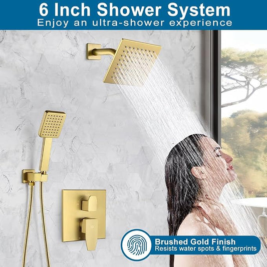 9246-88G POP SANITARYWARE Shower Faucet Set Brushed Gold 6 Inch Thickened Shower Head and Handle Set Shower System Wall Mounted Shower Fixture Include Shower Valve and Trim Kit
