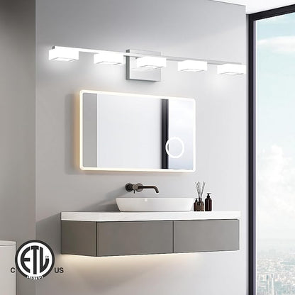 LED Modern Bathroom Light Fixtures Over Mirror, 5-Light Dimmable Vanity Lights, Chrome Acrylic Bathroom Vanity Light, 2700K-6500K Adjustable, ETL Certificated
