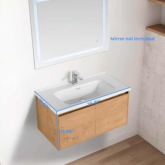 Blossom 36 Inch Wall Mounted Bathroom Vanity with Sink | Floating Wood Vanity Cabinet | Modern Soft-Close Doors & Storage | Ceramic Basin | Space-Saving Design (Classic Oak, 36'' Ceramic Sink)