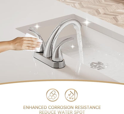 Phiestina Chrome 4 Inch 2 Handle Centerset 2 or 3 Holes Bathroom Faucet 2 Pack, Vanity Sink Faucet with Copper Pop Up Drain and Water Supply Lines, BF008-5-C-2PACK
