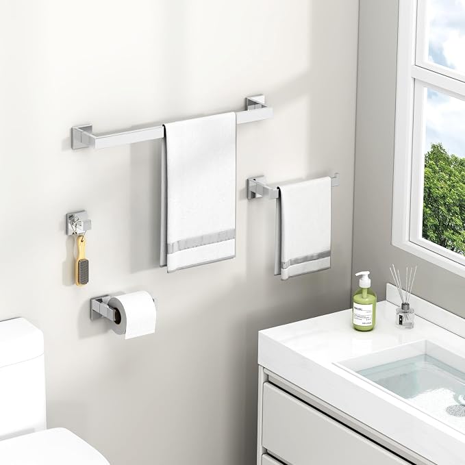 Suyar Polished Chrome Bathroom Hardware Set, Bathroom Accessories 4 Pieces | Include Robe Hook, Toilet Paper Holder, Hand Towel Holder, Towel Bar, SUS304 Stainless Steel, Wall Mounted
