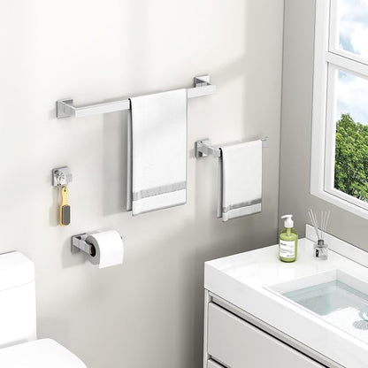 Suyar Polished Chrome Bathroom Hardware Set, Bathroom Accessories 4 Pieces | Include Robe Hook, Toilet Paper Holder, Hand Towel Holder, Towel Bar, SUS304 Stainless Steel, Wall Mounted