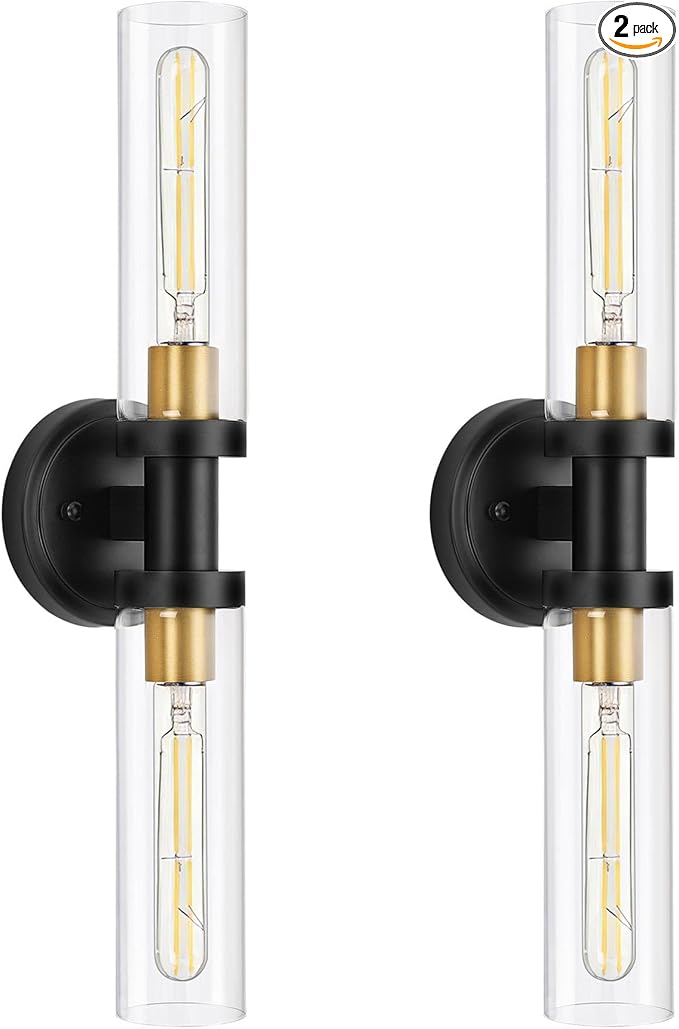 Hardwired Wall Sconces Set of 2, Bathroom Sconces Vanity Light Fixture with Clear Glass, Black and Gold Farmhouse Wall Lights for Bathroom Mirror Living Room Hallway Kitchen