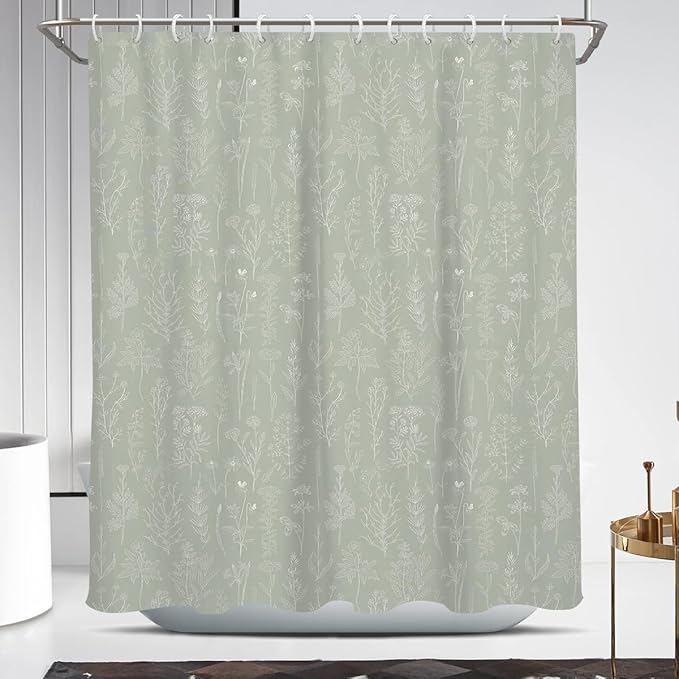 Coxila Vintage Floral Shower Curtain Green Flower Retro Spring Botanical Plants Country Cute Boho Rustic Farmhouse Wildflower Aesthetic Bathroom 60 x 72 Inch Polyester Fabric 12 Pack Hooks