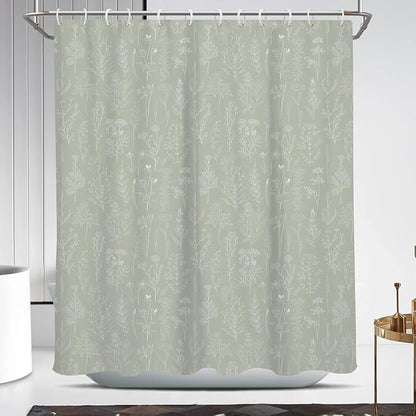 Coxila Vintage Floral Shower Curtain Green Flower Retro Spring Botanical Plants Country Cute Boho Rustic Farmhouse Wildflower Aesthetic Bathroom 60 x 72 Inch Polyester Fabric 12 Pack Hooks