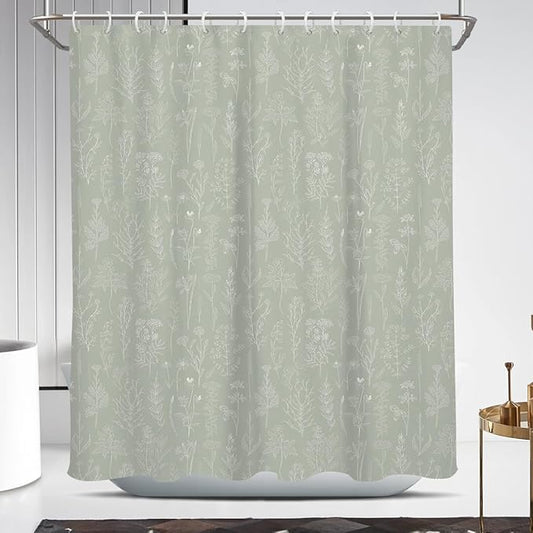 Coxila Vintage Floral Shower Curtain Green Flower Retro Spring Botanical Plants Country Cute Boho Rustic Farmhouse Wildflower Aesthetic Bathroom 60 x 72 Inch Polyester Fabric 12 Pack Hooks