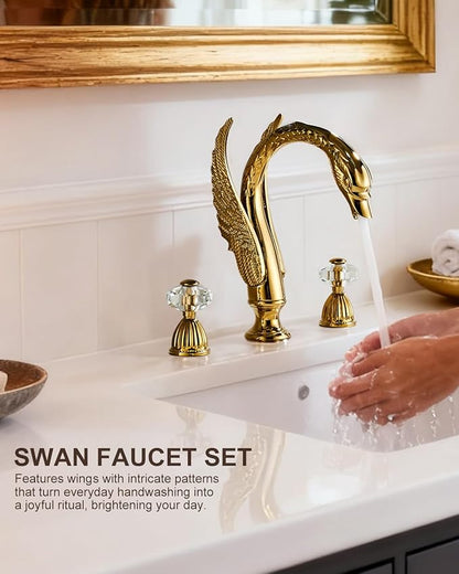 Swan Crystal Gold 3 Hole Vanity Brass 2 Handles 8 inch Cool Copper Widespread Unique Bathroom Sink Faucets, Ornate Restroom Taps Fixtures, 3 Pieces Bird Style Faucets (3 Hole, Golden)