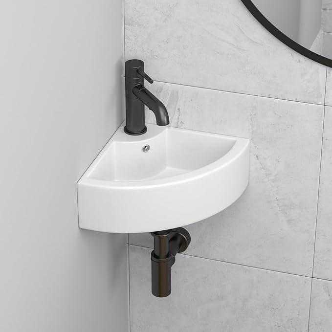 18"x 13" Wall Mount Corner Bathroom Sink White Porcelain Small Vessel Sink | Triangle Floating Wash Hand Basin Small White Porcelain Ceramic Floating Vessel Vanity Sink Wall Hung Bathroom Sink