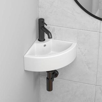 18"x 13" Wall Mount Corner Bathroom Sink White Porcelain Small Vessel Sink | Triangle Floating Wash Hand Basin Small White Porcelain Ceramic Floating Vessel Vanity Sink Wall Hung Bathroom Sink