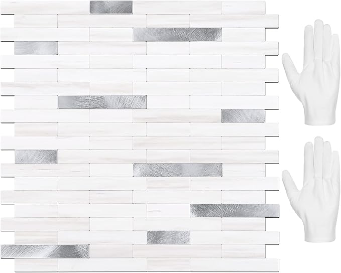 STICKGOO Peel and Stick Backsplash Tile, Stick on Backsplash for Kitchen and Bathroom, Dolomite White Marble Look PVC Mixed Metal Silver Self Adhesive Wall Tiles(10 Sheets)