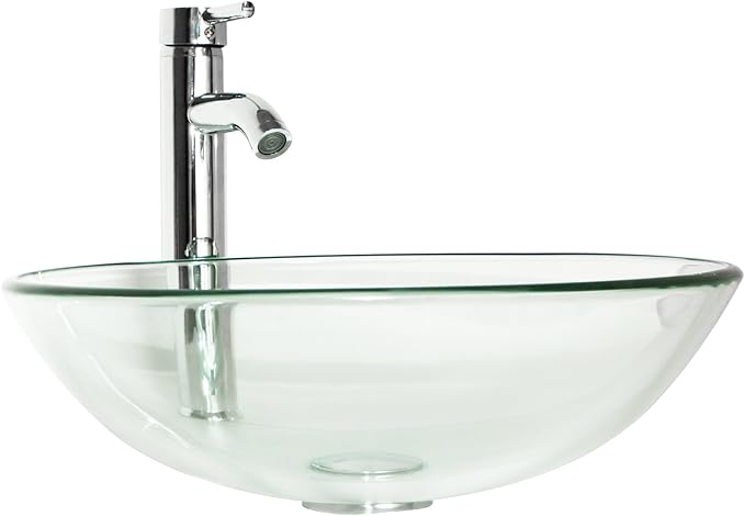 wonline Bathroom Round Tempered Clear Glass Vessel Sink Chrome Faucet & Pop-up Drain