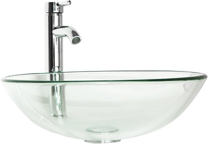 wonline Bathroom Round Tempered Clear Glass Vessel Sink Chrome Faucet & Pop-up Drain