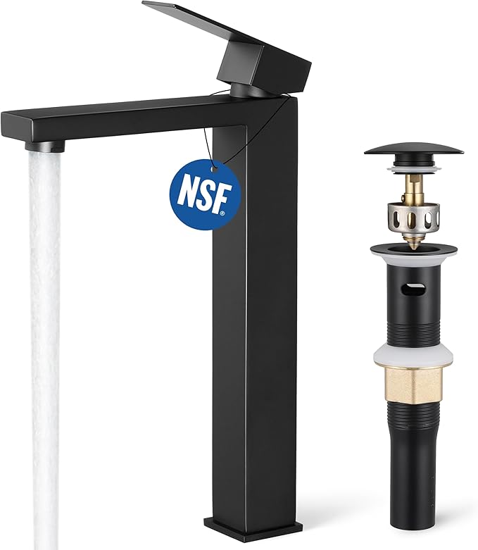KES Vessel Sink Faucet, Black Bathroom Faucets, Tall Bathroom Faucets with Sink Drain with Overflow, L3156BLFF12-BK-C1