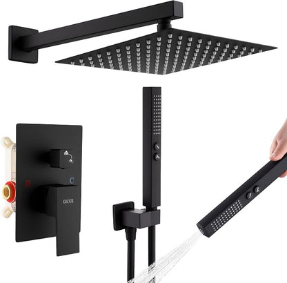 Rain Shower System, 10''Square Rain Head,2-Spray Handheld,Matte Black | 2 Spray Functions,Anti-Tangle Explosion-proof PVD Hose,Balance Temp Valve,Rust-proof & Scratch-resistant