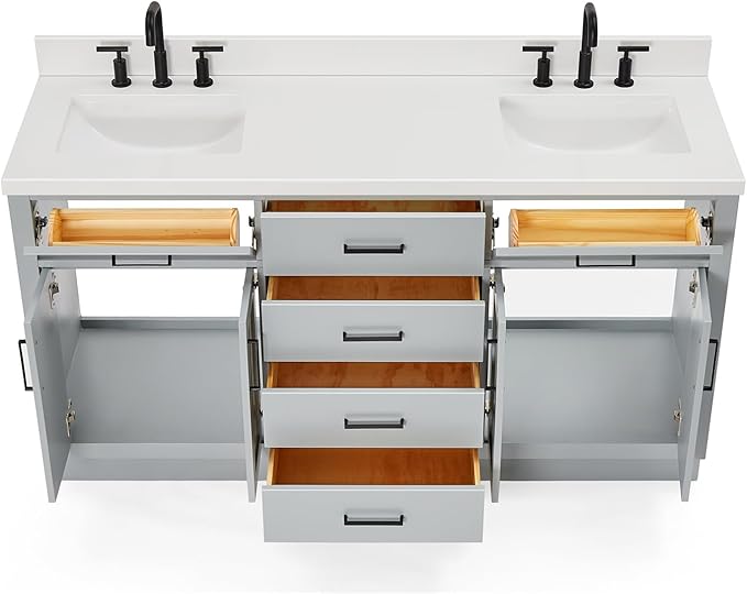 ARIEL Hepburn 66-inch Bathroom Vanity with Sink,Solid Wood, 1.5-inch Pure White Quartz Countertop & Backsplash, Double Rectangular Porcelain Sink, 4 Soft Closing Doors, 6 Dovetail Drawers, Grey