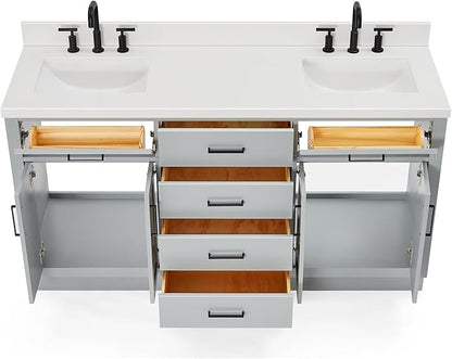 ARIEL Hepburn 66-inch Bathroom Vanity with Sink,Solid Wood, 1.5-inch Pure White Quartz Countertop & Backsplash, Double Rectangular Porcelain Sink, 4 Soft Closing Doors, 6 Dovetail Drawers, Grey