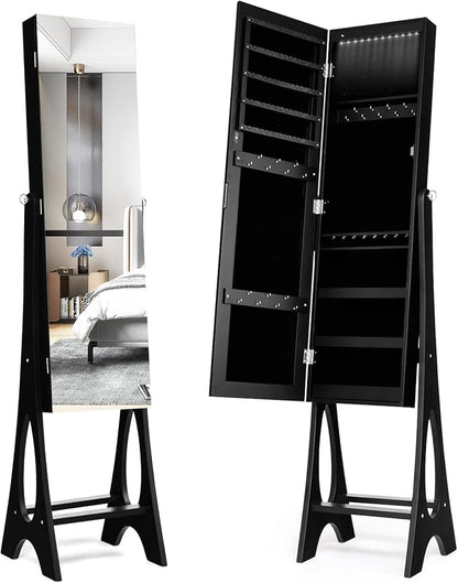 COSTWAY 12 LED Mirror Jewelry Cabinet, Freestanding Jewelry Storage Organizer w/Full Length Mirror, Large Capacity Jewelry Armoire w/Bottom Shelf, Mirror with Jewelry Storage for Women Girls (Black)