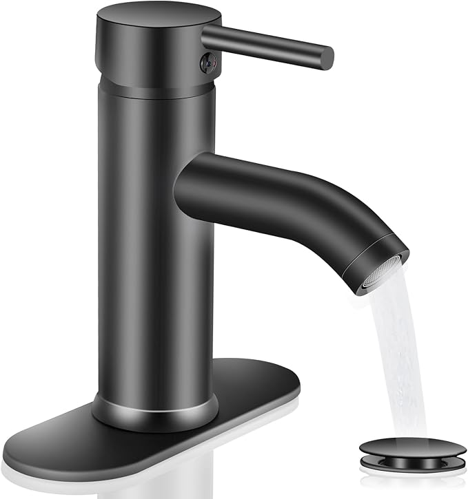 Matte Black Bathroom Faucets Single Hole Bathroom Sink Faucet | Modern Single Handle Bathroom Faucte 1 or 3 Hole, RV Sink Vanity Faucet (with Drain, Black)