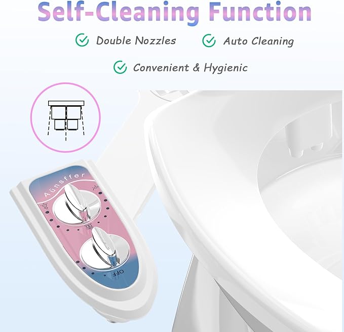 Toilet Bidet Attachment for Toilet, No-Electric Fresh Cold Water with Dual Nozzles Sprayer, 3 Wash Modes (Feminine/Bidet Wash + Self-Cleaning)，Fits Standard Toilet Bowl, Blue Pink