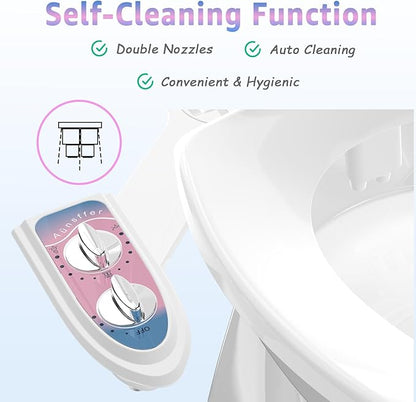 Toilet Bidet Attachment for Toilet, No-Electric Fresh Cold Water with Dual Nozzles Sprayer, 3 Wash Modes (Feminine/Bidet Wash + Self-Cleaning)，Fits Standard Toilet Bowl, Blue Pink