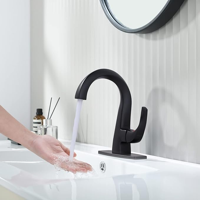 WOWOW Single Handle Bathroom Faucet, Matte Black, 1 Hole, High Arc, Pop Up Drain, Solid Brass, Easy Installation, 5 Year Warranty