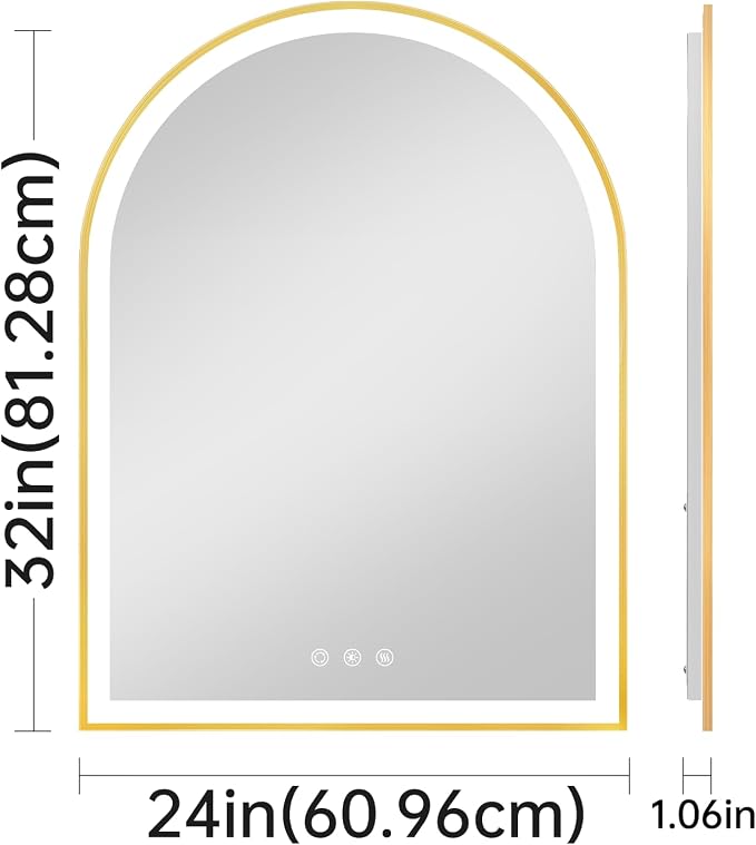 24"x32" Arched LED Lighted Bathroom Mirror with Lights | Gold Aluminum Frame, Fogless, Dimmable, Shatterproof, Touch Sensor, 3 Color Changing