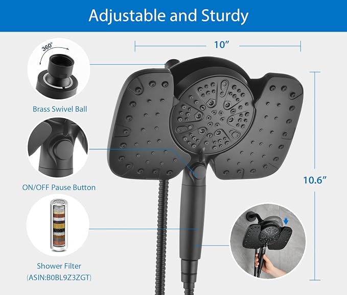 Rain Shower Head with Filtered Handheld Spray Combo Black 2.5 GPM | 10” Rainfall Showerhead with 9-Spray Detachable Handheld, High Pressure, ON/OFF Switch, 15-Stage Filter, Jet for Cleaning