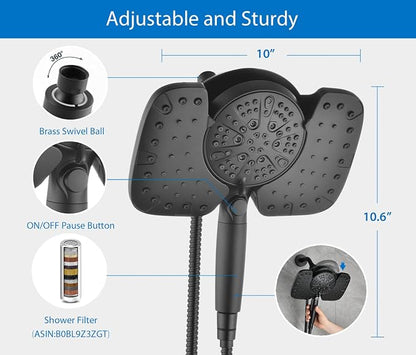 Rain Shower Head with Filtered Handheld Spray Combo Black 2.5 GPM | 10” Rainfall Showerhead with 9-Spray Detachable Handheld, High Pressure, ON/OFF Switch, 15-Stage Filter, Jet for Cleaning
